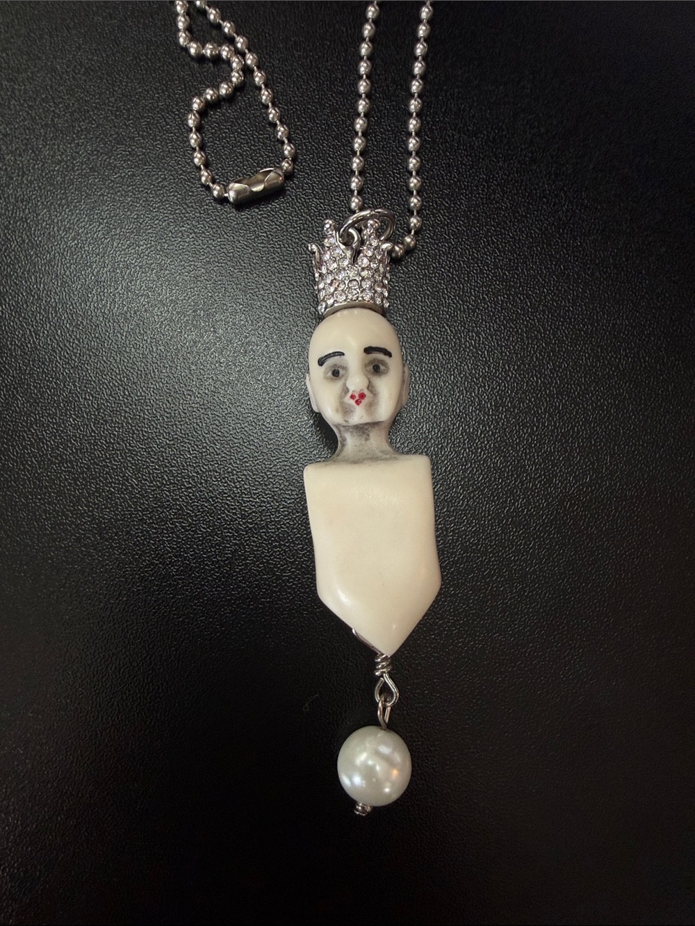 Crowned Porcelain Doll Pendant Necklace in White spooky Halloween